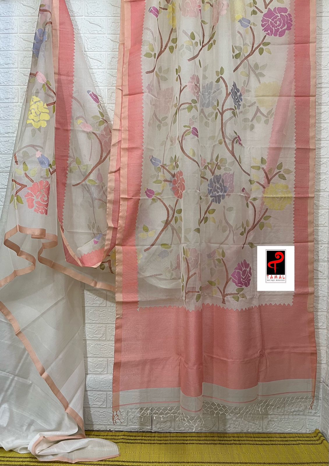 Offwhite with peach temple border allover rose motifs handwoven jamdani saree