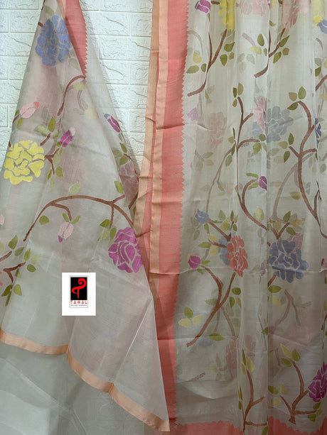 Offwhite with peach temple border allover rose motifs handwoven jamdani saree