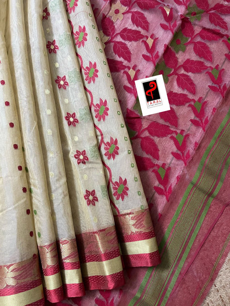 Offwhite with red & zari border cotton tusser tangail saree