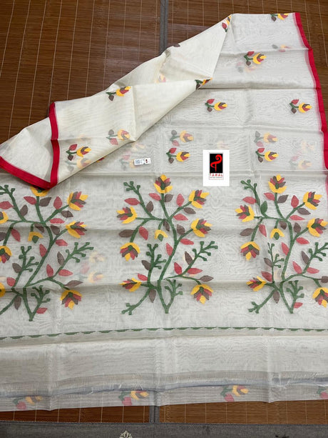 Offwhite with red border & multi colour floral buta motifs handwoven muslin silk jamdani saree