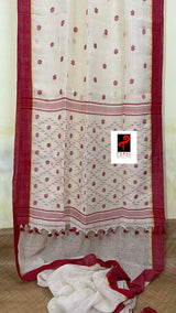 Offwhite with red border traditional handwoven pure linen jamdani saree