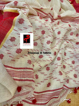 Offwhite with red border traditional handwoven pure linen jamdani saree