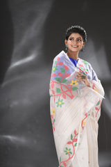 Offwhite with red floral pallu handwoven muslin silk jamdani saree