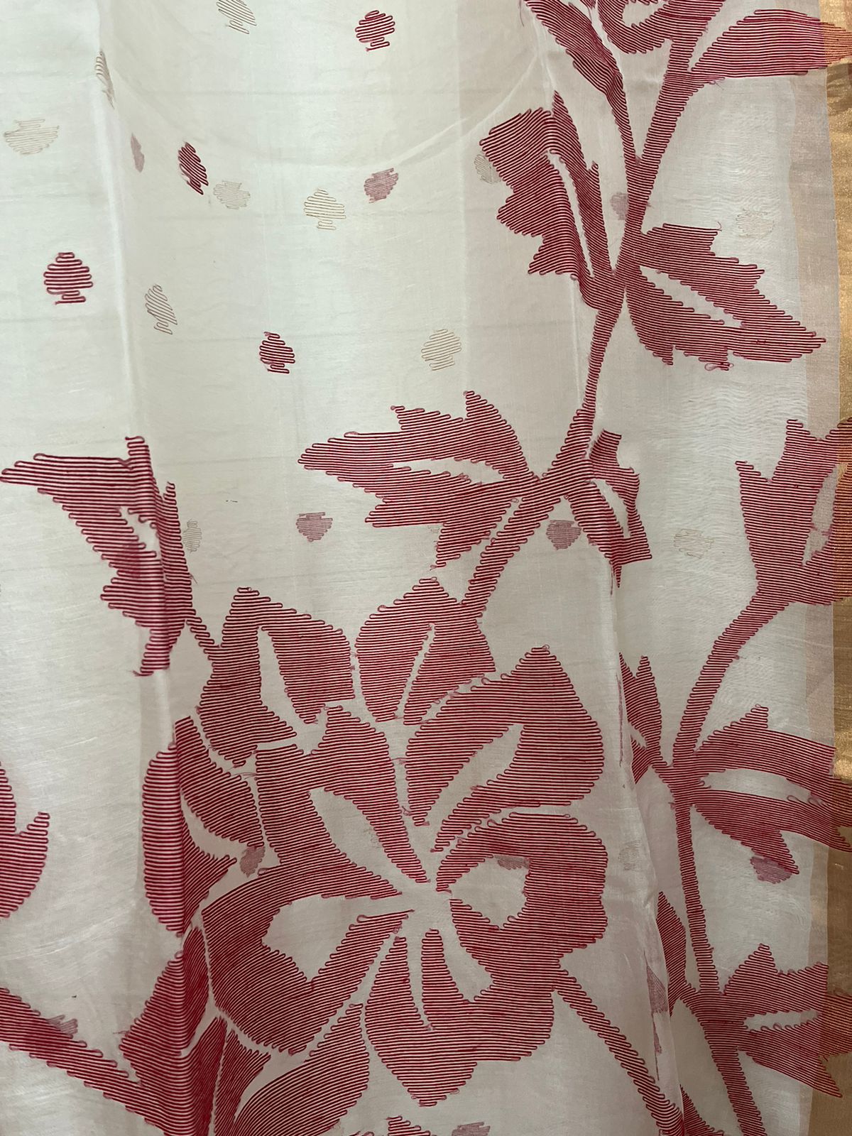 Offwhite with red rose motifs handwoven jamdani silk linen saree