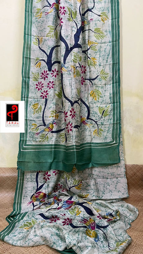 Offwhite with sea green border nature design in katan batik silk saree - Tamal Boutique