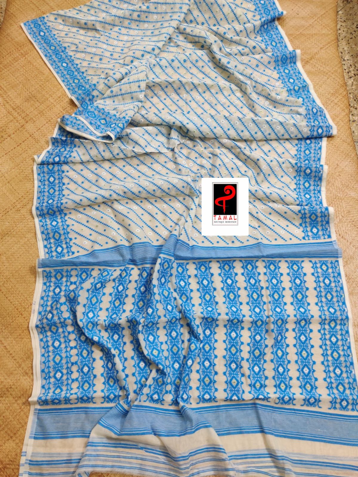 Offwhite with sky blue handloom soft dhakai jamdani saree - Tamal Boutique