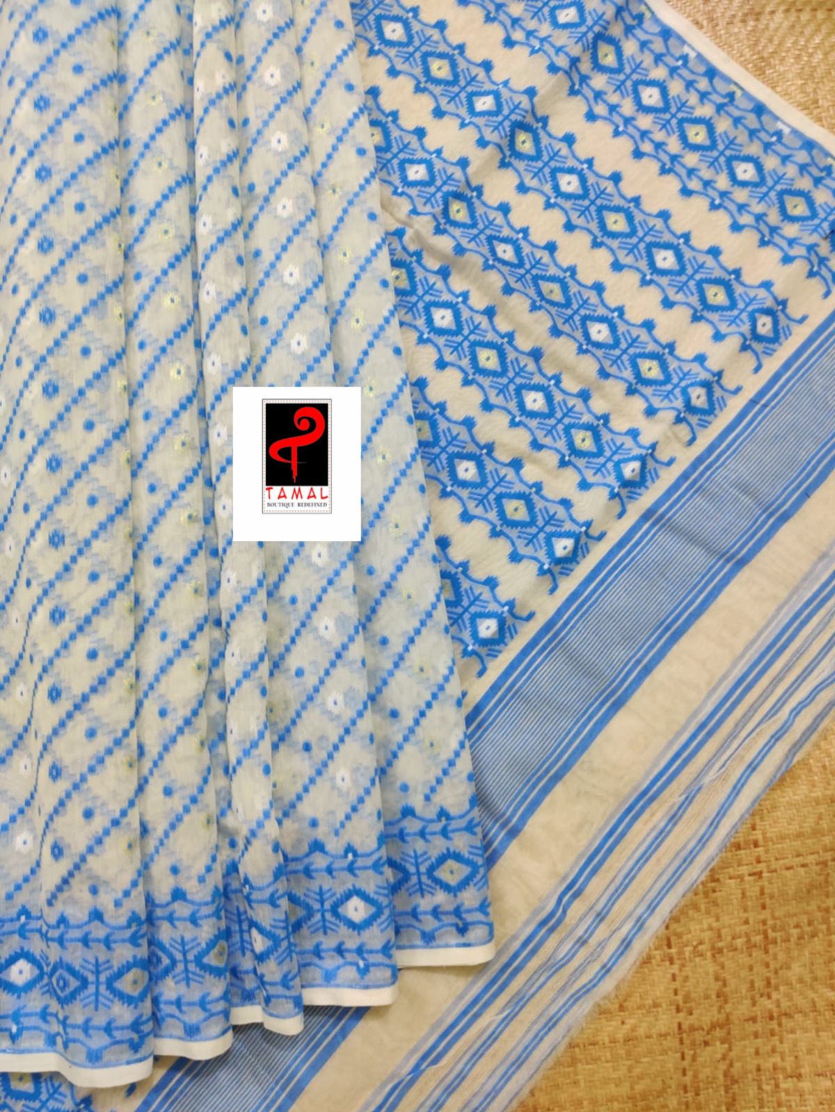Offwhite with sky blue handloom soft dhakai jamdani saree