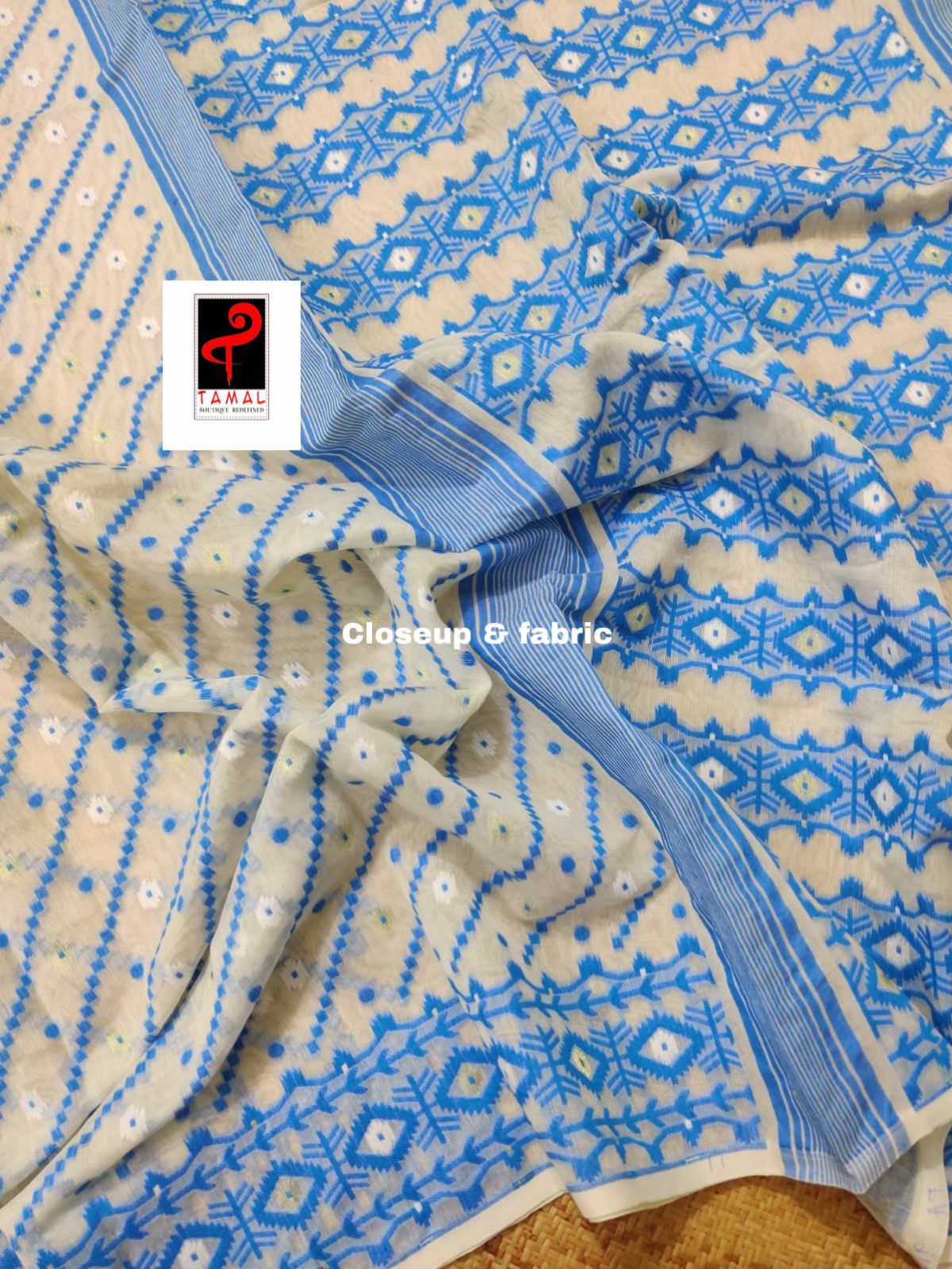 Offwhite with sky blue handloom soft dhakai jamdani saree
