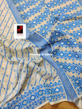 Offwhite with sky blue handloom soft dhakai jamdani saree - Tamal Boutique