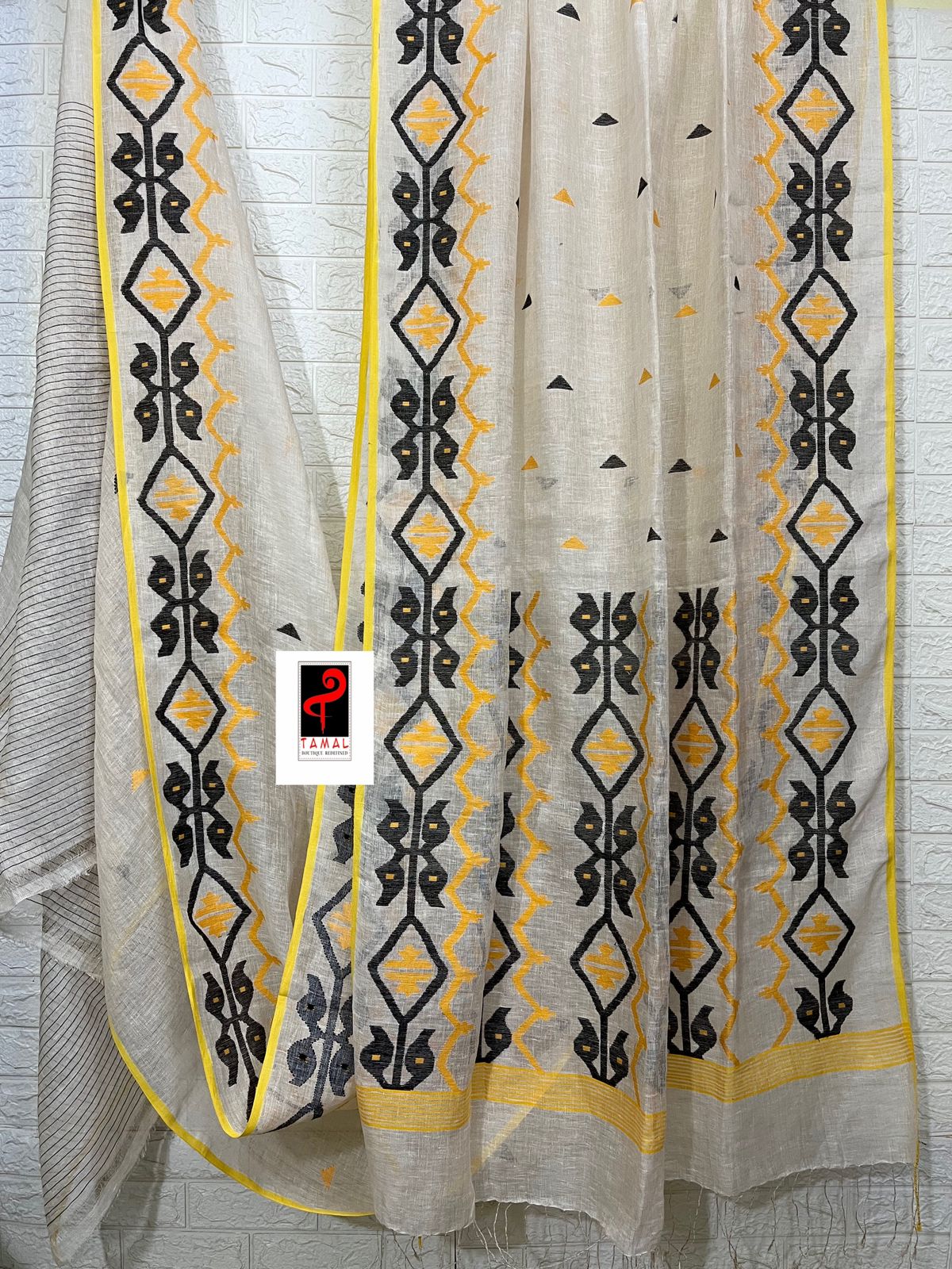 Offwhite with yellow & black traditional handwoven linen jamdani  saree