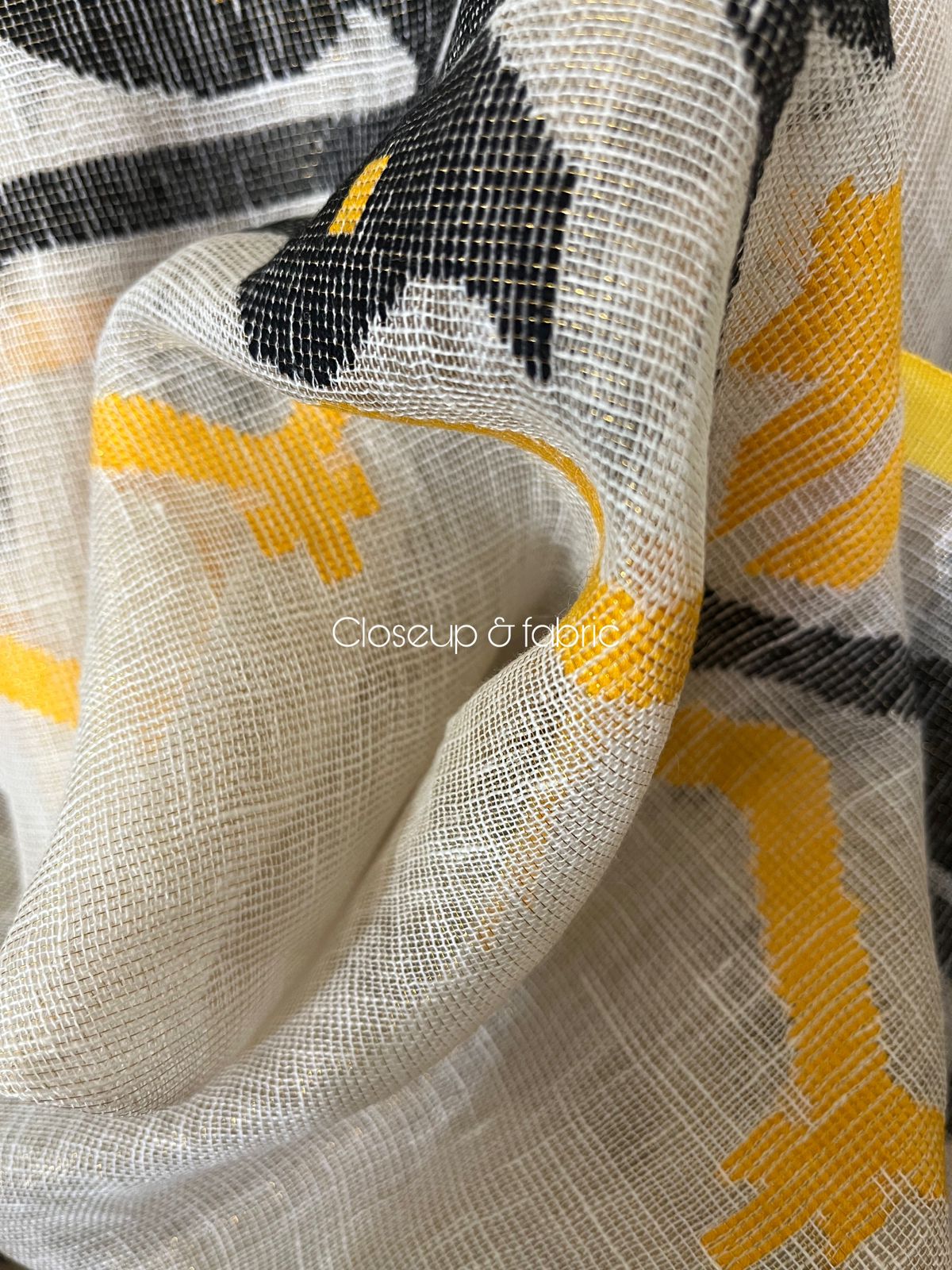 Offwhite with yellow & black traditional handwoven linen jamdani  saree