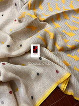 Off white with yellow border zari linen yellow fish pallu handwoven jamdani saree