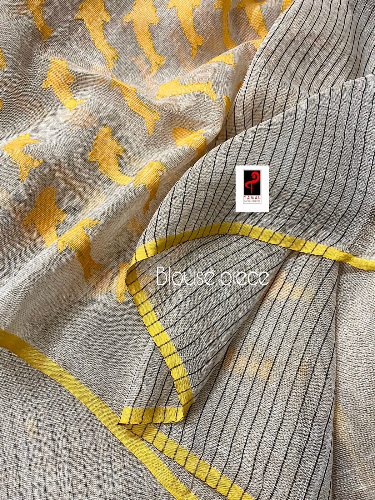 Off white with yellow border zari linen yellow fish pallu handwoven jamdani saree