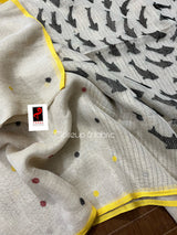 Offwhite with yellow circle fish pallu handwoven jamdani in linen saree - Tamal Boutique