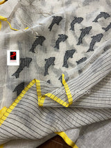 Offwhite with yellow circle fish pallu handwoven jamdani in linen saree