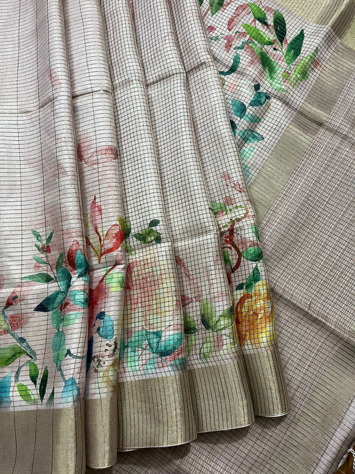 Offwhite with zari border cotton tussar zari check painted handloom saree - Tamal Boutique