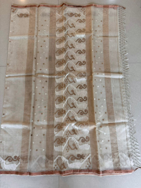 Offwhite with zari border traditional handwoven muslin silk jamdani saree