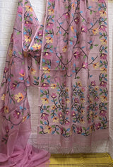 Onion pink with multicolour muslin silk allover floral handwoven jamdani saree