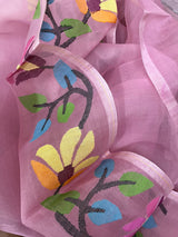 Onion pink with multicolour muslin silk allover floral handwoven jamdani saree