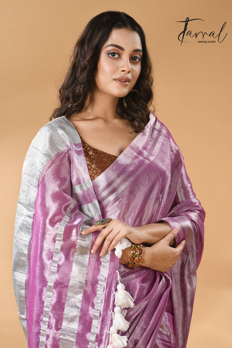 Onion silver tissue handloom saree cls