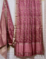 Onion pink with zari border cotton tussar painted handloom saree - Tamal Boutique