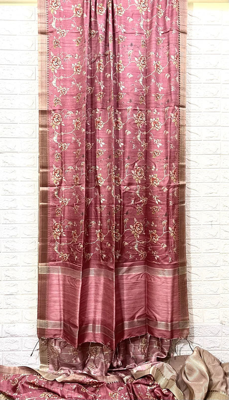 Onion pink with zari border cotton tussar painted handloom saree - Tamal Boutique