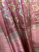 Onion pink with zari border cotton tussar painted handloom saree - Tamal Boutique