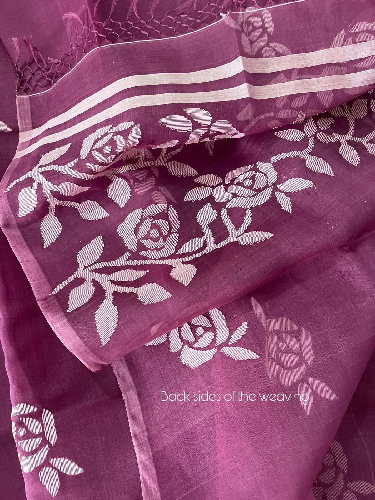 Orchid purple with white rose motifs handwoven muslin silk jamdani saree