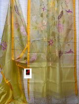 Pale yellow with multi colour muslin silk allover floral handwoven jamdani saree