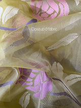 Pale yellow with purple border allover rose motifs handwoven musli silk jamdani saree
