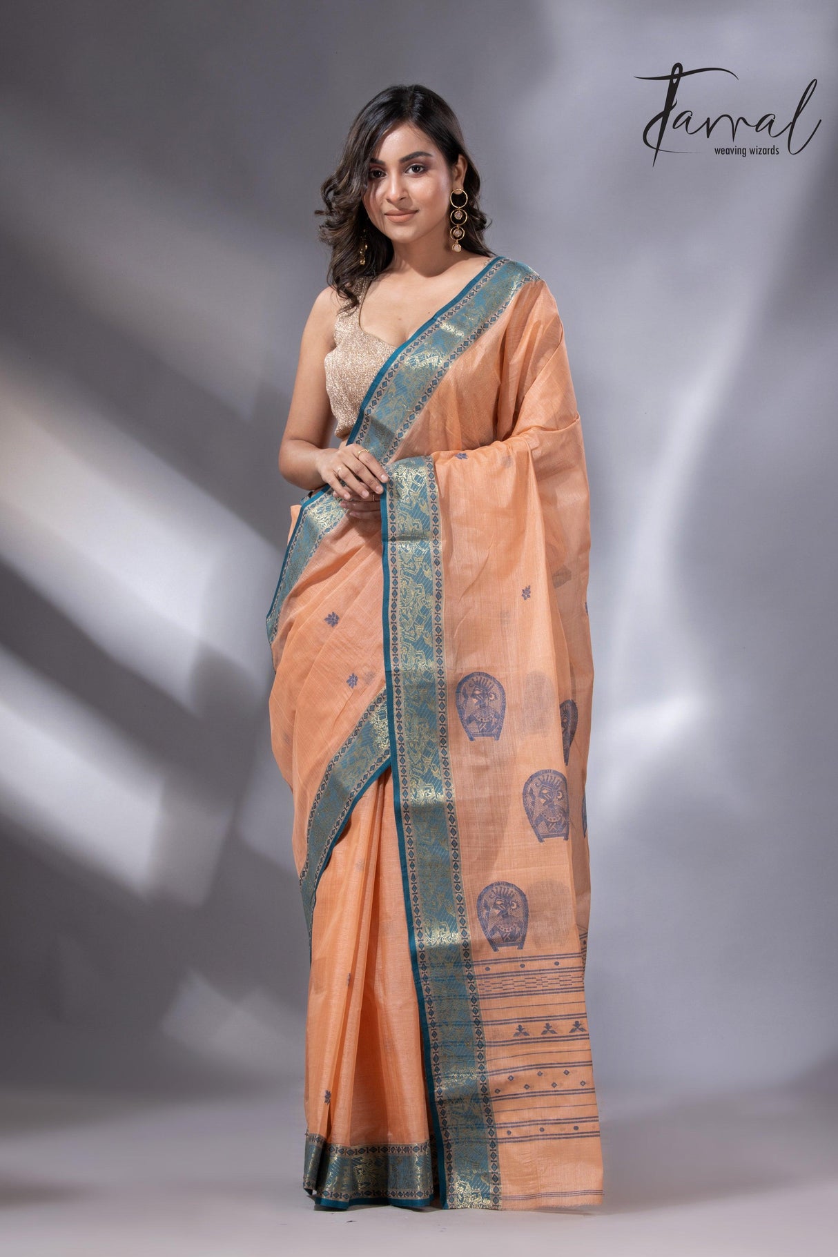 Peach & Firoza Harmony Tussar Tangail Handloom Saree