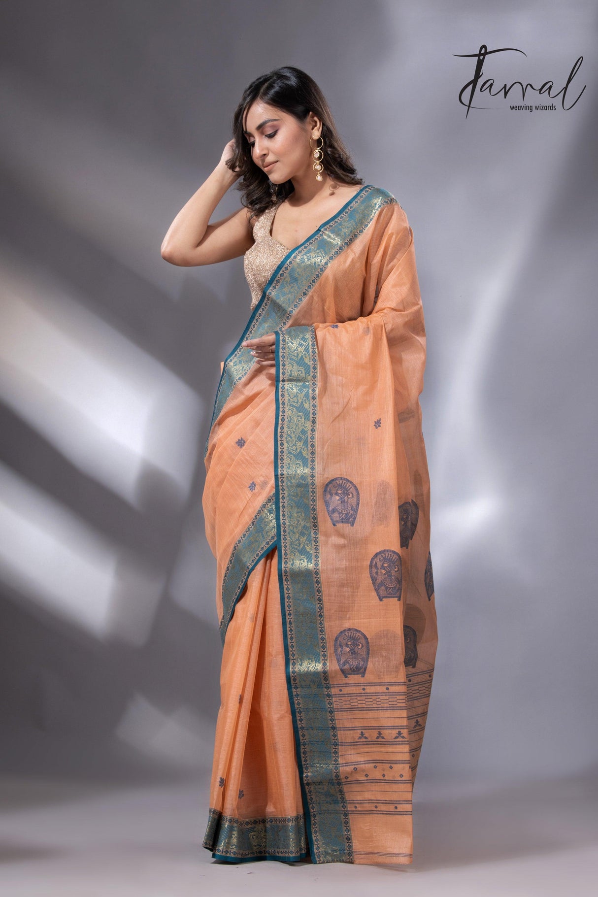 Peach & Firoza Harmony Tussar Tangail Handloom Saree2