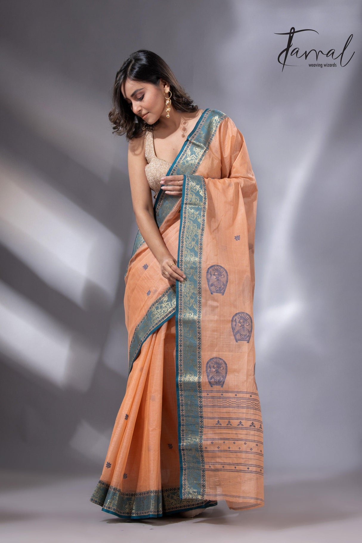 Peach & Firoza Harmony Tussar Tangail Handloom Saree5