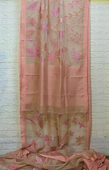 Peach self water lily with other floral allover muslin silk handwoven jamdani saree