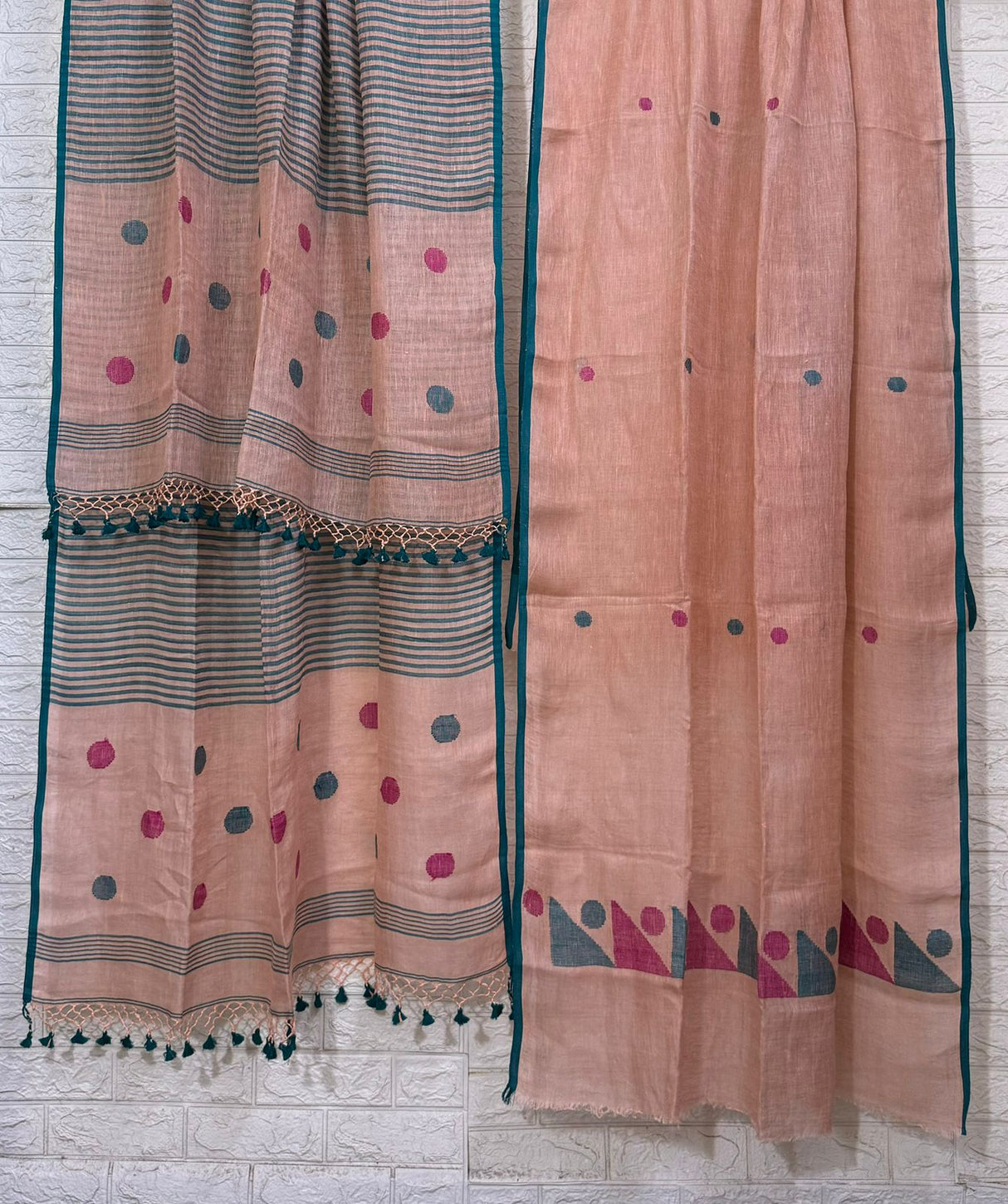 Peach to raja green linen kurti & dupatta handwoven jamdani set - Tamal Boutique