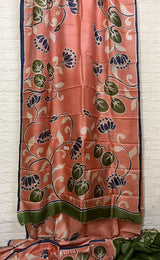 Peach with blue border lotus hand painted tussar silk saree