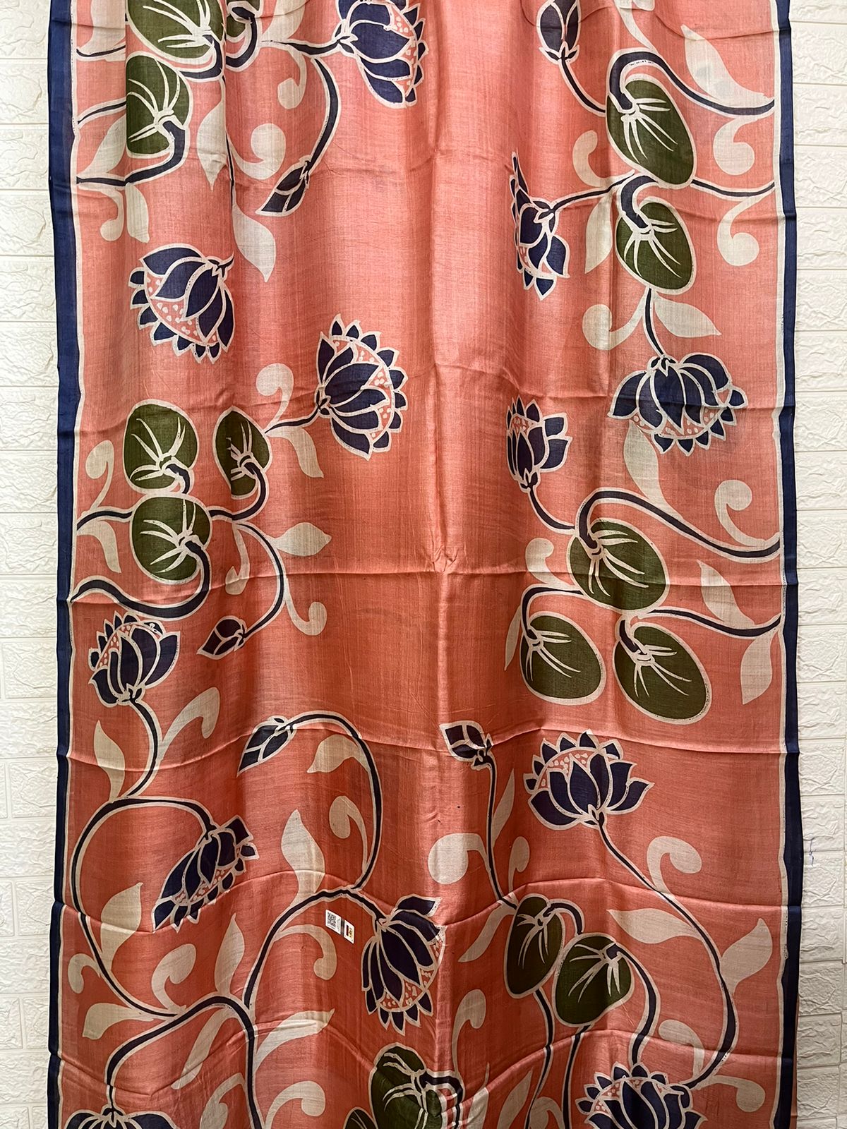 Peach with blue border lotus hand painted tussar silk saree - Tamal Boutique