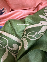 Peach with blue border lotus hand painted tussar silk saree