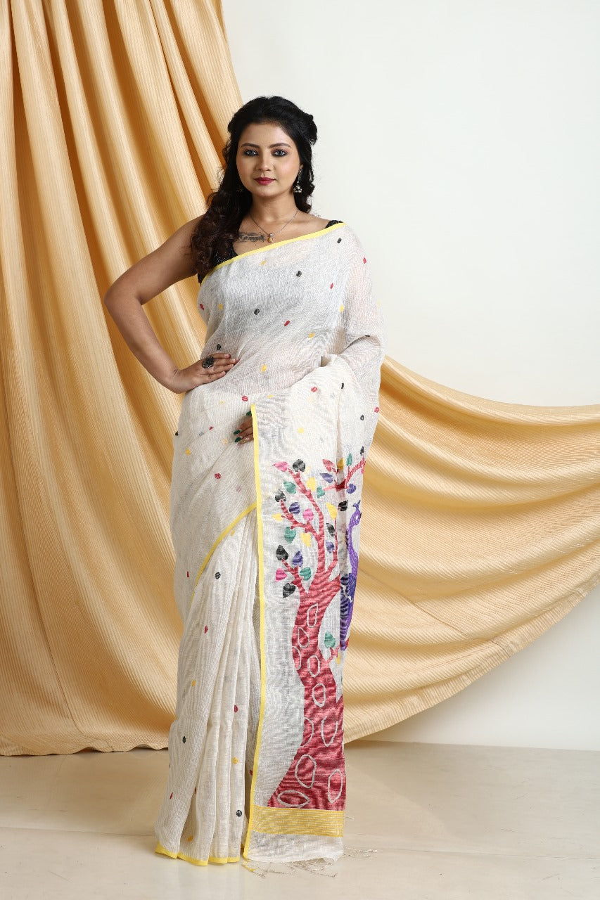 Offwhite with yellow border peacock zari linen handwoven jamdani saree