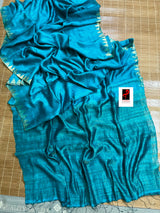 Peacock blue colour zari temple border handwoven matka silk jamdani saree