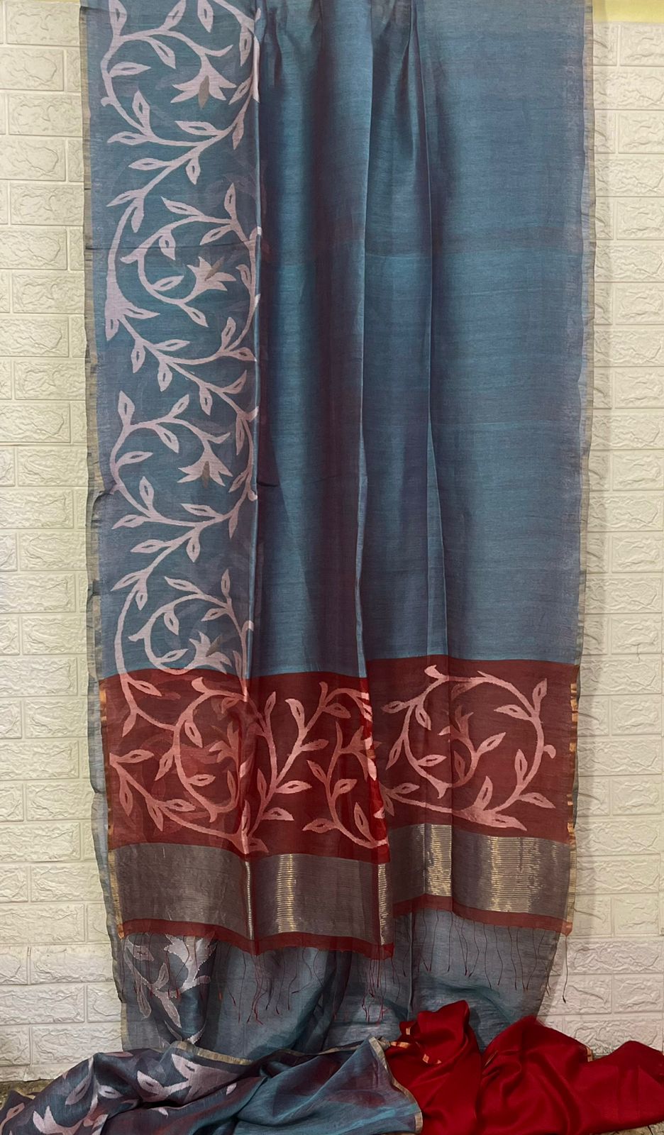 Peacock blue with red pallu border floral handwoven jamdani saree