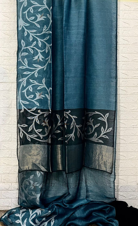 Peacock blue with skirt border floral handwoven silk linen jamdani saree