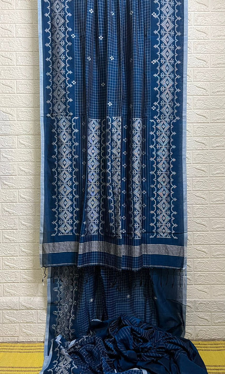 Peacock blue with white cotton jacquard handloom jamdani saree