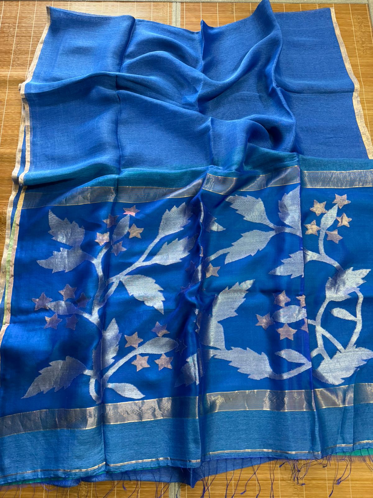 Peacock blue with zari border and silver pallu silk linen handwoven jamdani saree