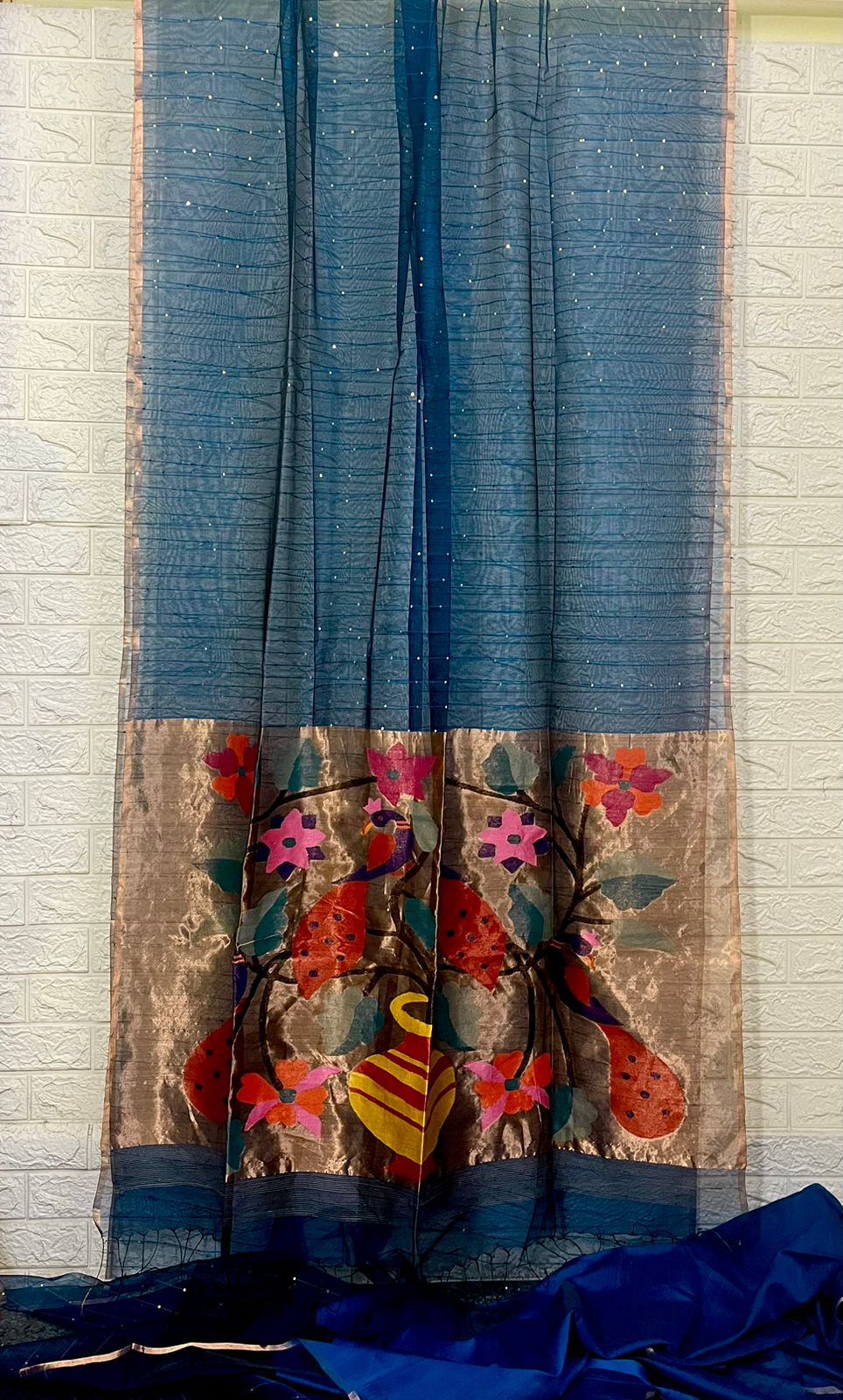 Peacock blue with zari border paithani sequins handwoven jamdani saree