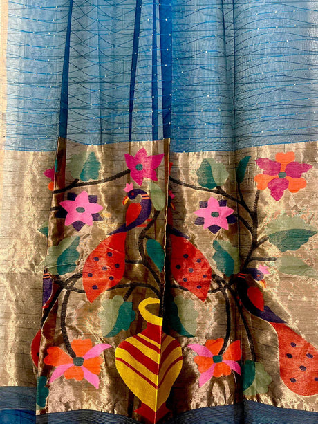 Peacock blue with zari border paithani sequins handwoven jamdani saree - Tamal Boutique