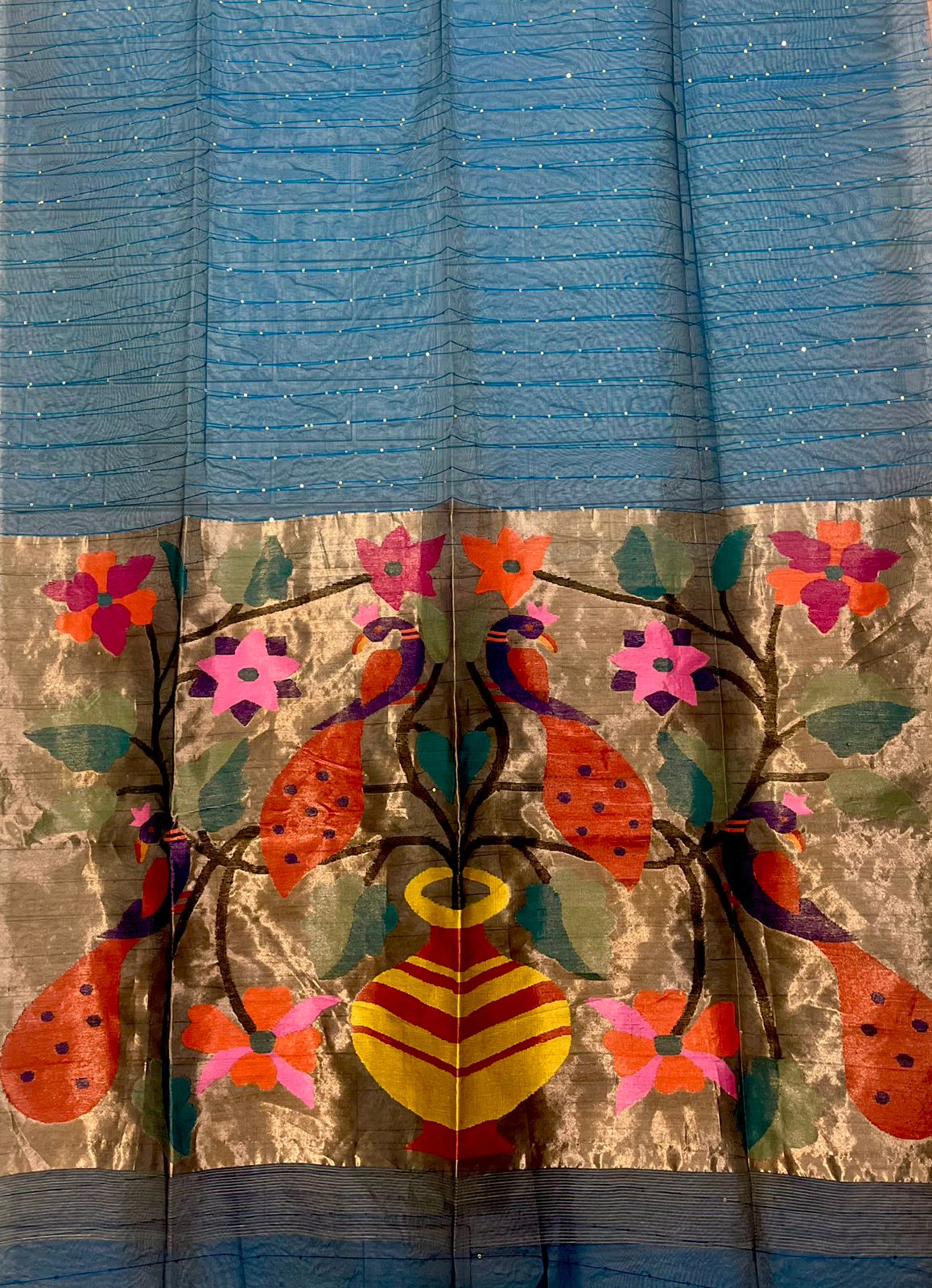 Peacock blue with zari border paithani sequins handwoven jamdani saree