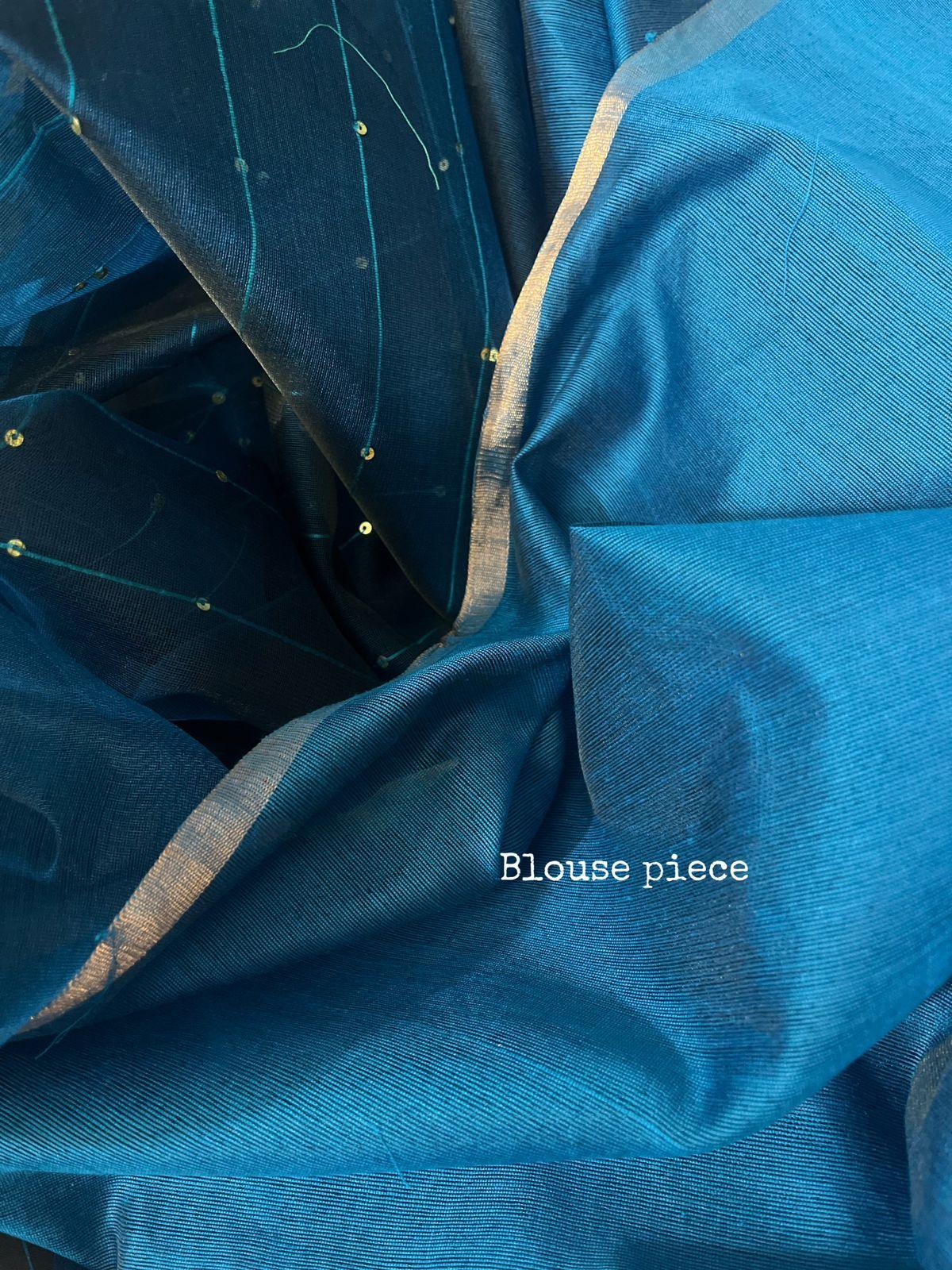 Peacock blue with zari border paithani sequins handwoven jamdani saree - Tamal Boutique