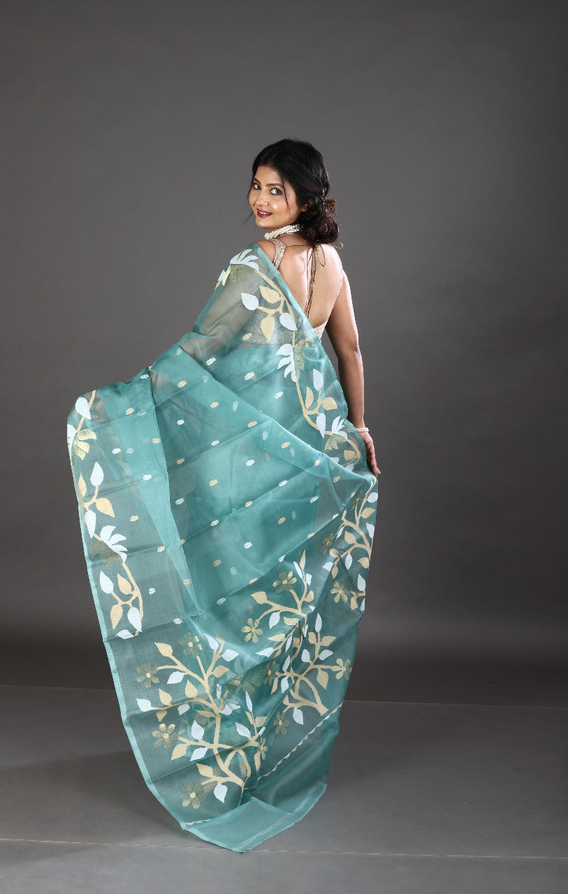 Pine green with white & zari lata motifs muslin silk handwoven jamdani saree