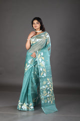 Pine green with white & zari lata motifs muslin silk handwoven jamdani saree